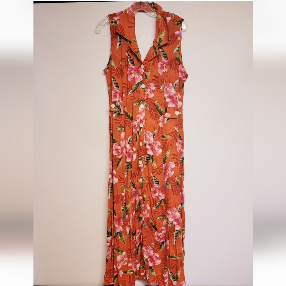 Vintage dress tropical 1990 90s Erika Hawaiian Orange   print Maxi Dress Medium